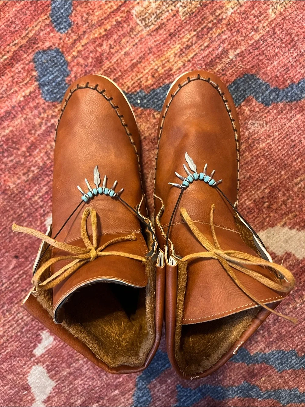 Women’s Brown Leather Moccasin Boots with Beaded Accent